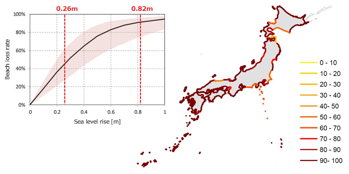将来の海面上昇による日本の砂浜消失被害曲線と0.6 mの海面上昇に対する砂浜消失率の全国分布